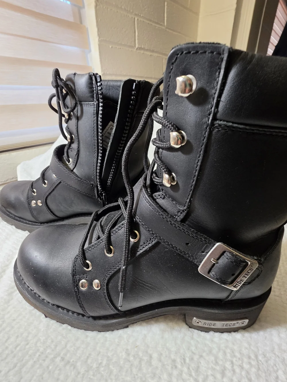 Black Leather Lace-Up Combat / Motorcycle Boots with Buckle Detail Steel Toed